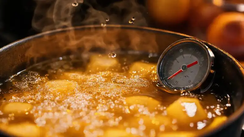 Aceite hirviendo y patatas doradas en cocina