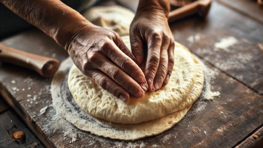 Manos trabajan masa tradicionalmente con luz cálida