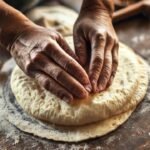 Manos trabajan masa tradicionalmente con luz cálida