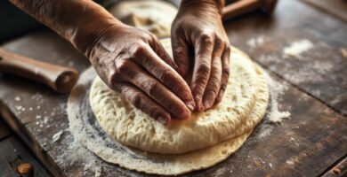 Manos trabajan masa tradicionalmente con luz cálida