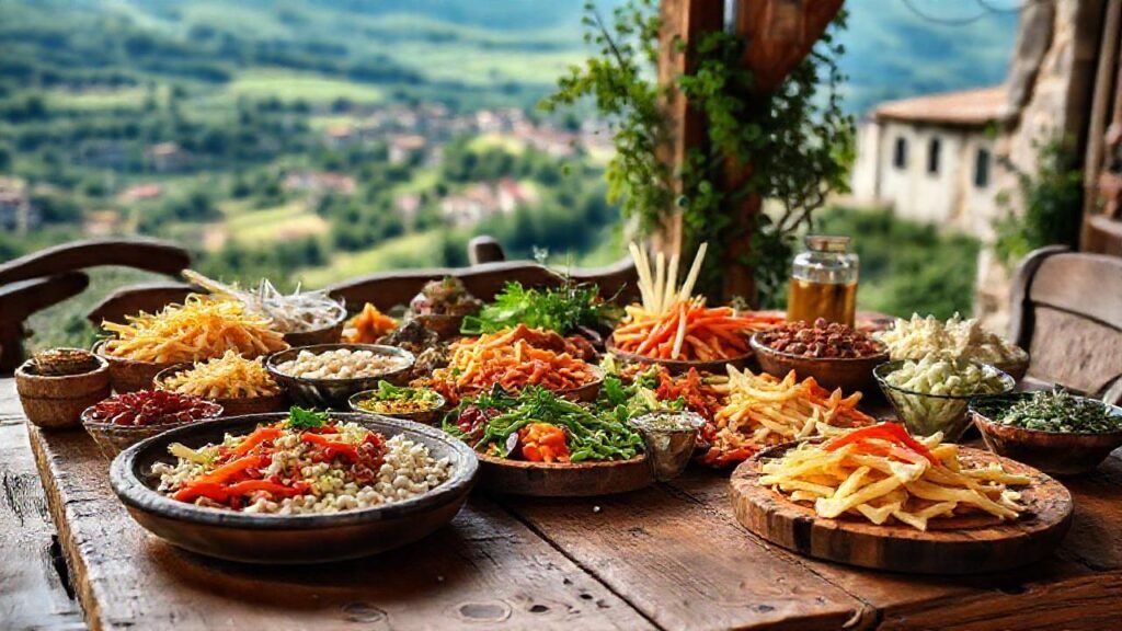 Una mesa rústica ofrece comida auténtica