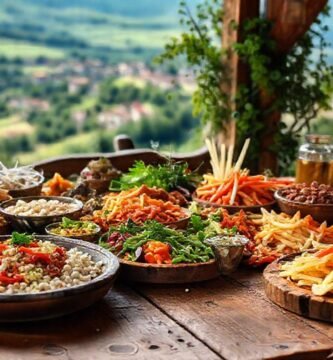 Una mesa rústica ofrece comida auténtica