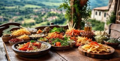 Una mesa rústica ofrece comida auténtica