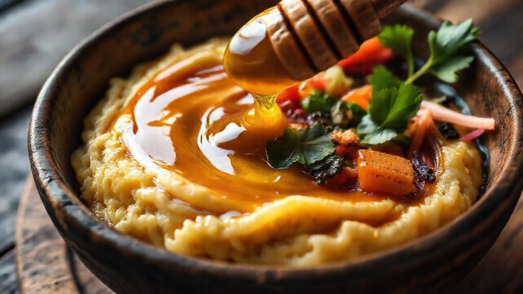Miel dorada y verduras apetitosas en plato