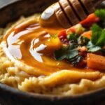 Miel dorada y verduras apetitosas en plato