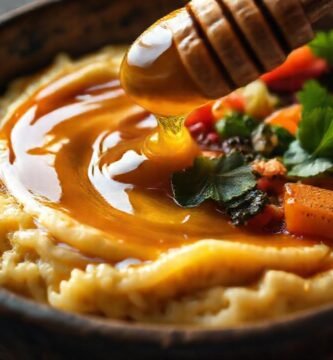 Miel dorada y verduras apetitosas en plato