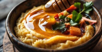 Miel dorada y verduras apetitosas en plato