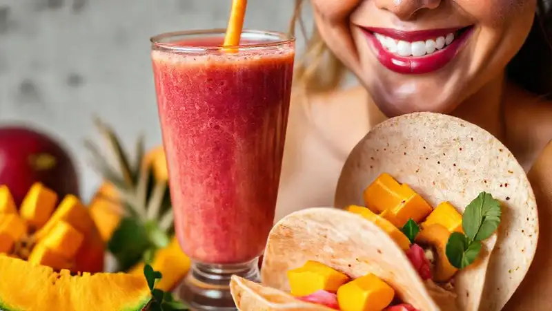 Batido tropical saludable, colores vibrantes y fresco