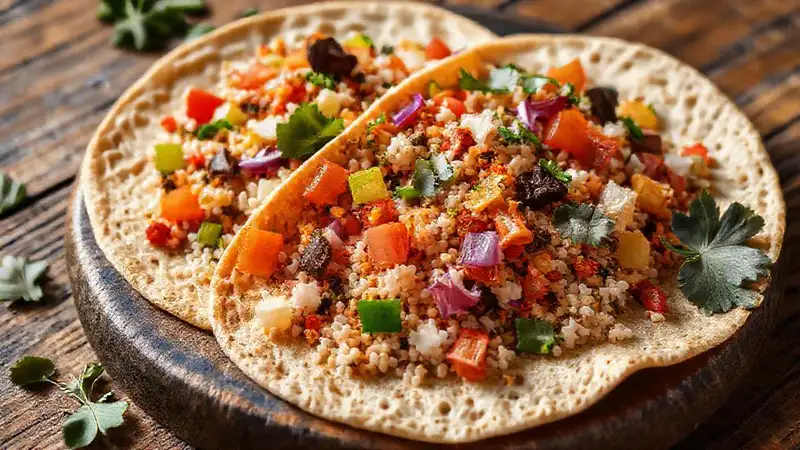 Quinoa vegan vibrante en mesa cálida