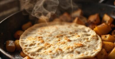 Tortilla crujiente y patatas apetitosas calientes