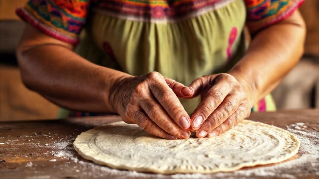 Mujer mexicana hornea tortillas con arte