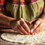 Mujer mexicana hornea tortillas con arte