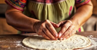 Mujer mexicana hornea tortillas con arte