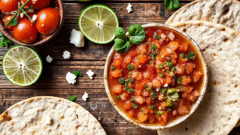 Una mesa rústica con salsa vibrante