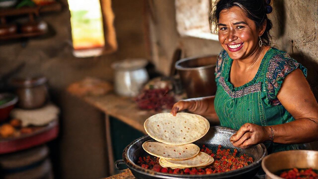Una mujer cocina tortillas en México