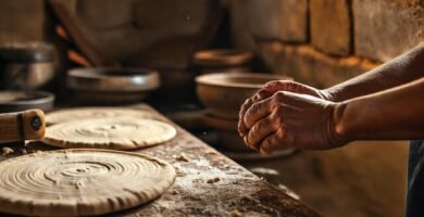 Cocina rústica: manos y tortillas artesanas