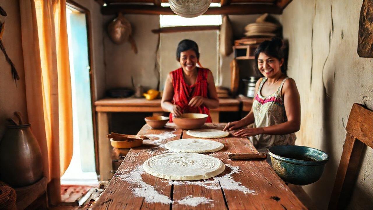 Familia centralamericana prepara tortillas en cocina