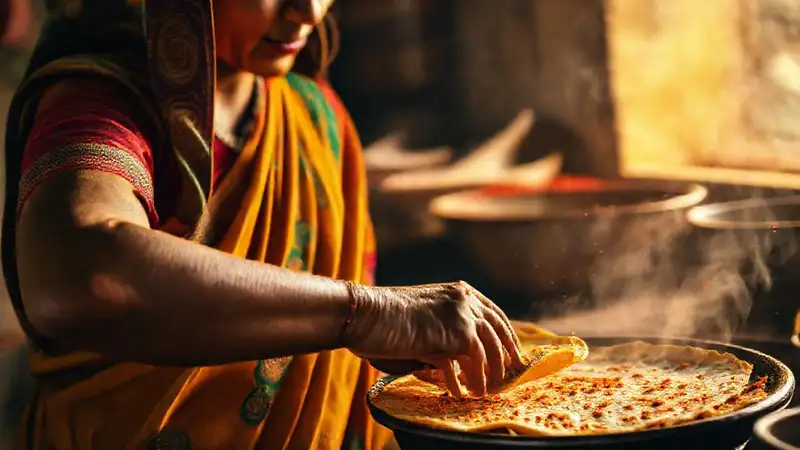 Mujer india cocina una tortilla masala