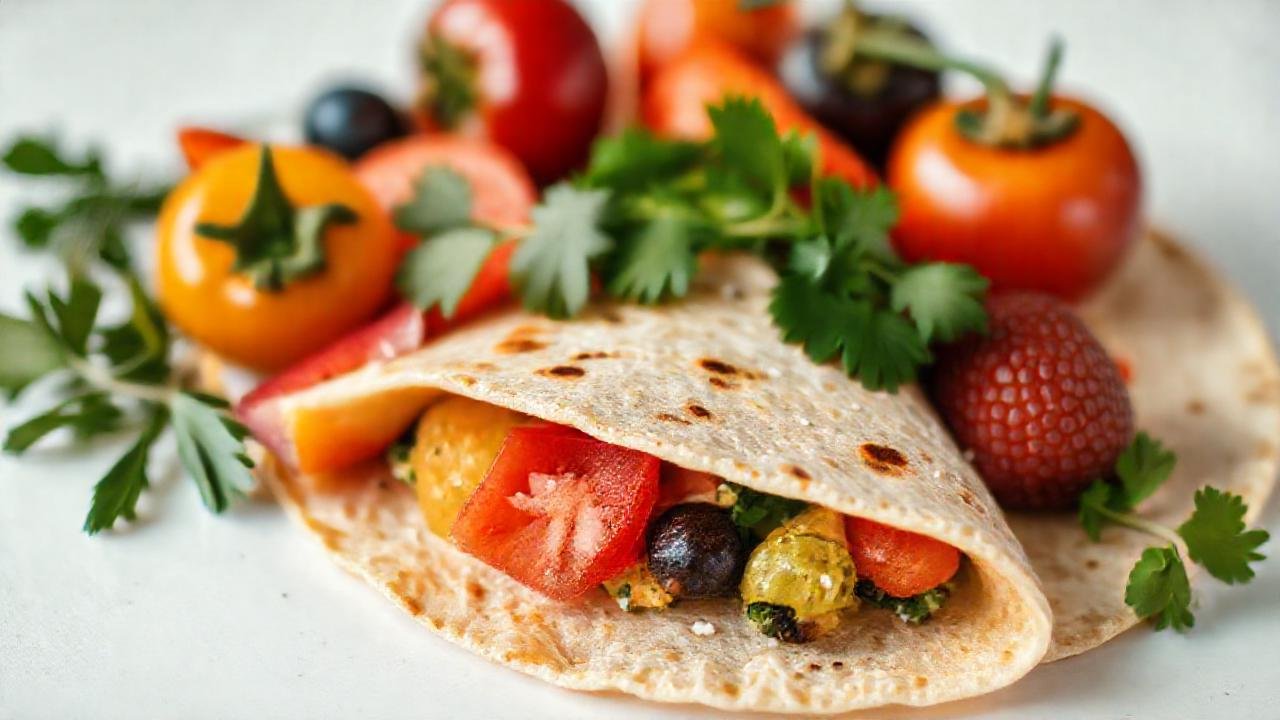 Frutas frescas y tortilla vegana, atractiva