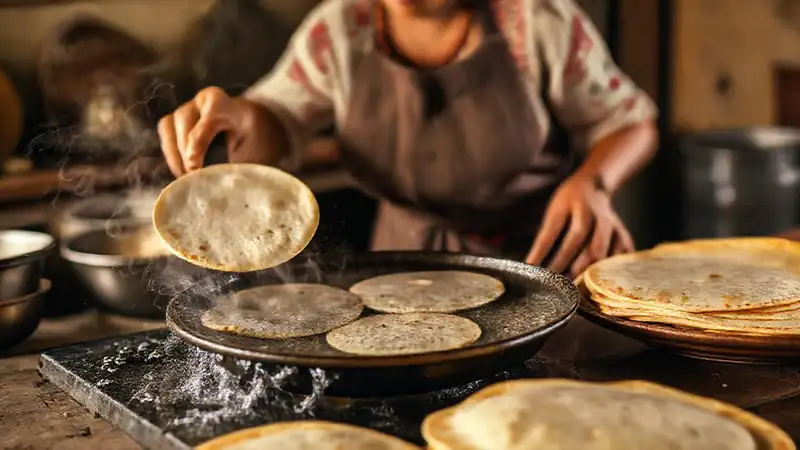Tortillas dorándose en cocina tradicional