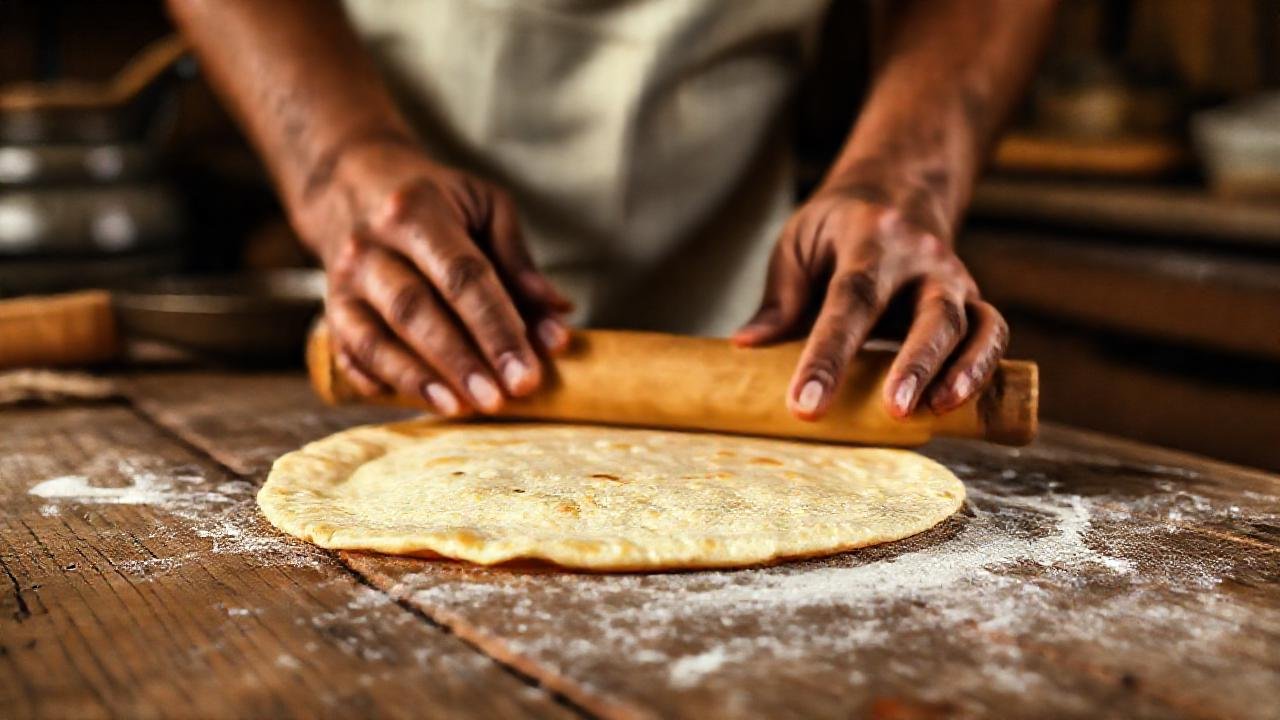 Una mesa de madera, tortilla dorada y manos