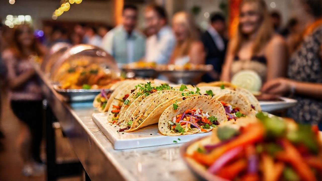 Tacos veganos coloridos, celebración alegre y apetitosa