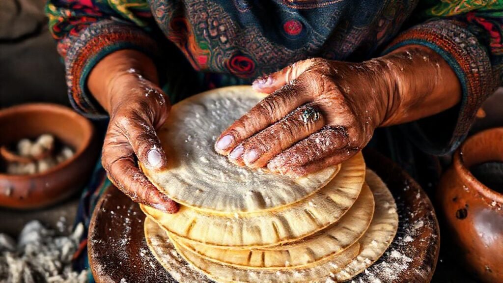 Mujer mexicana hornea tortillas tradicionales con color