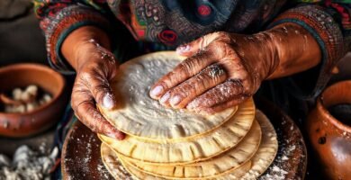 Mujer mexicana hornea tortillas tradicionales con color