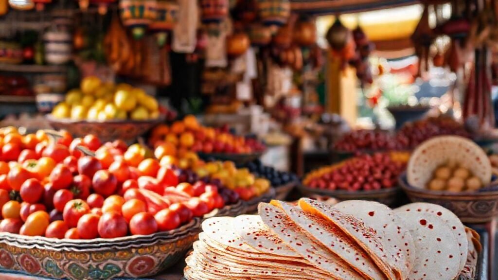 Un puesto español ofrece frutas coloridas y tortillas