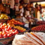 Un puesto español ofrece frutas coloridas y tortillas