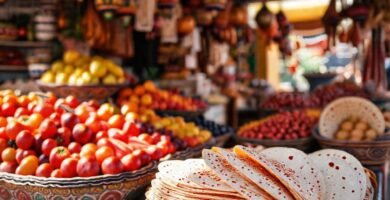 Un puesto español ofrece frutas coloridas y tortillas