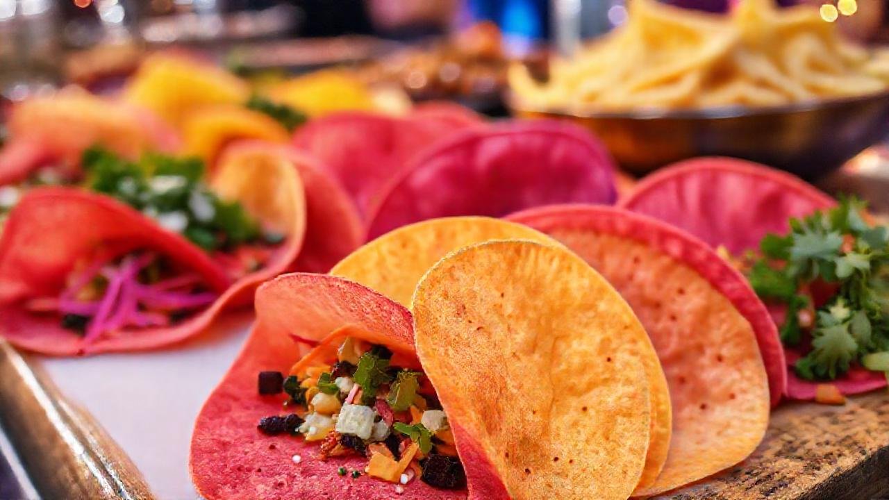 Tortillas coloridas veganas en festivo buffet