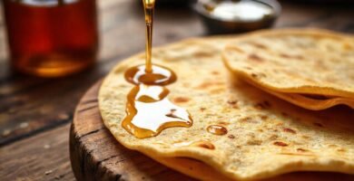 Tortilla dorada brilla sobre mesa rústica