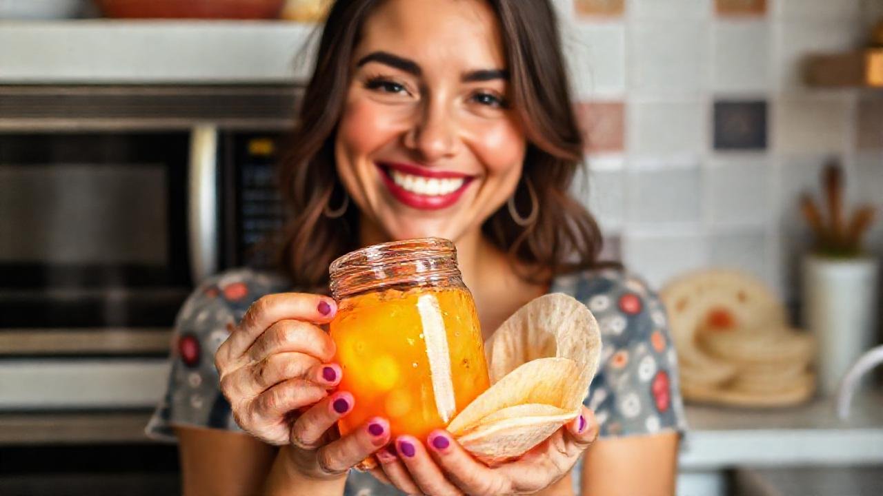 Mujer sonríe con mermelada y tortillas