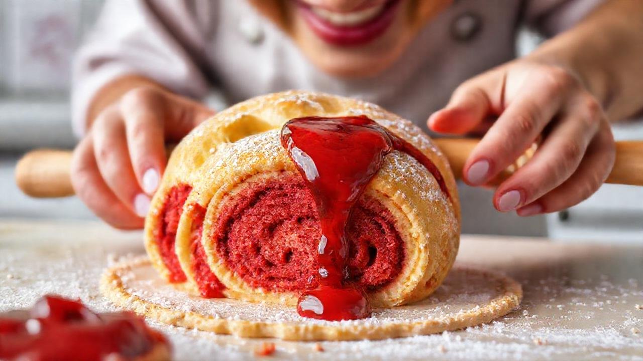 Panadero feliz, mermelada escapando, textura dulce