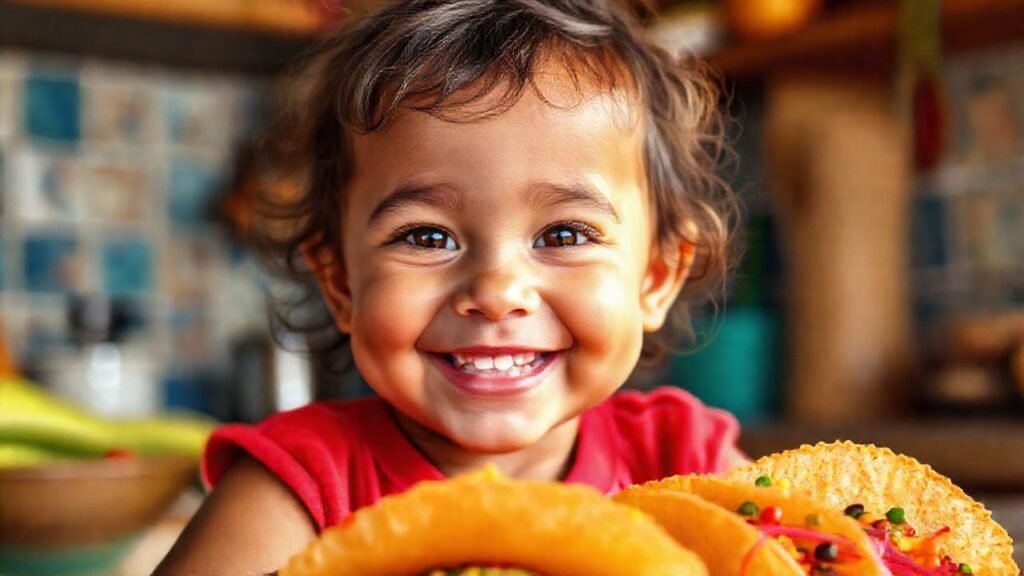Un niño feliz disfruta tortillas coloridas