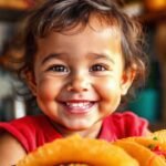 Un niño feliz disfruta tortillas coloridas