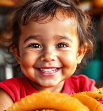 Un niño feliz disfruta tortillas coloridas