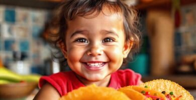 Un niño feliz disfruta tortillas coloridas