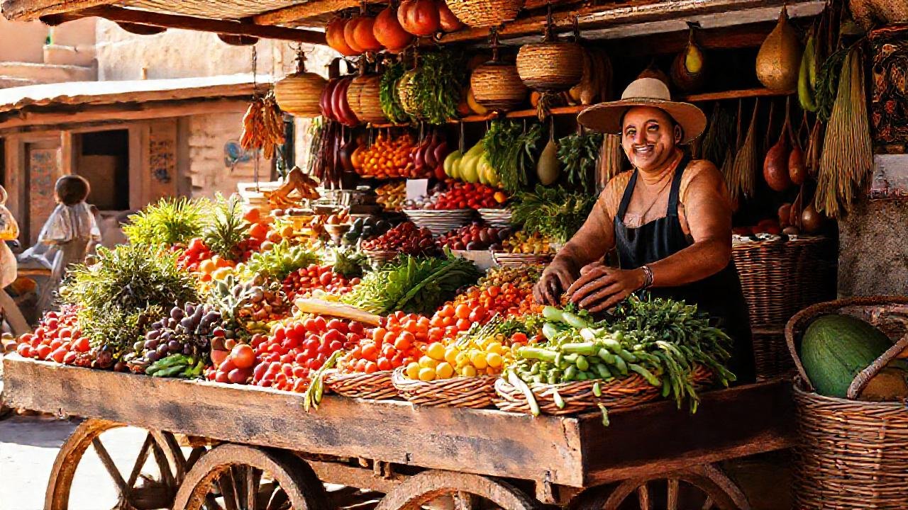 Mercado mexicano vibrante, saludable y soleado