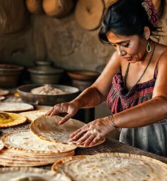Mujer prepara tortillas en cocina mexicana