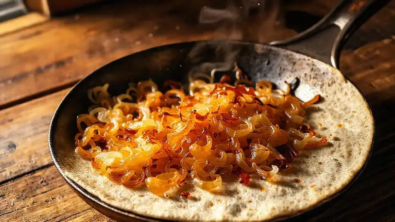 Cebollas doradas se caramelizan, apetitosas y cálidas