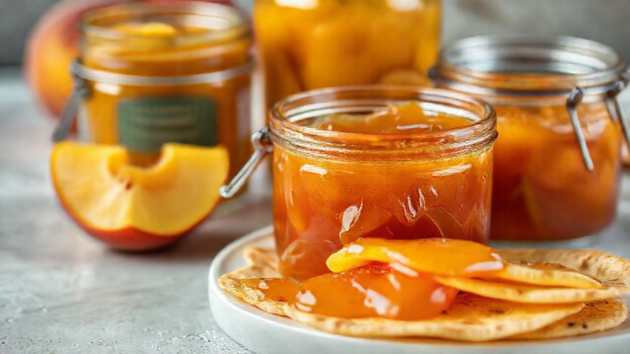 Mermelada de melocotón reluce sobre tortillas doradas