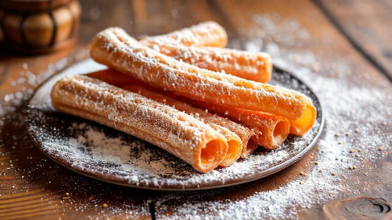 Churros dorados y tabla rústica
