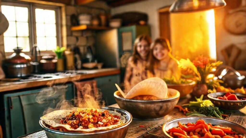 Familia feliz disfruta de comida caliente