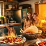 Familia feliz disfruta de comida caliente