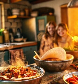 Familia feliz disfruta de comida caliente
