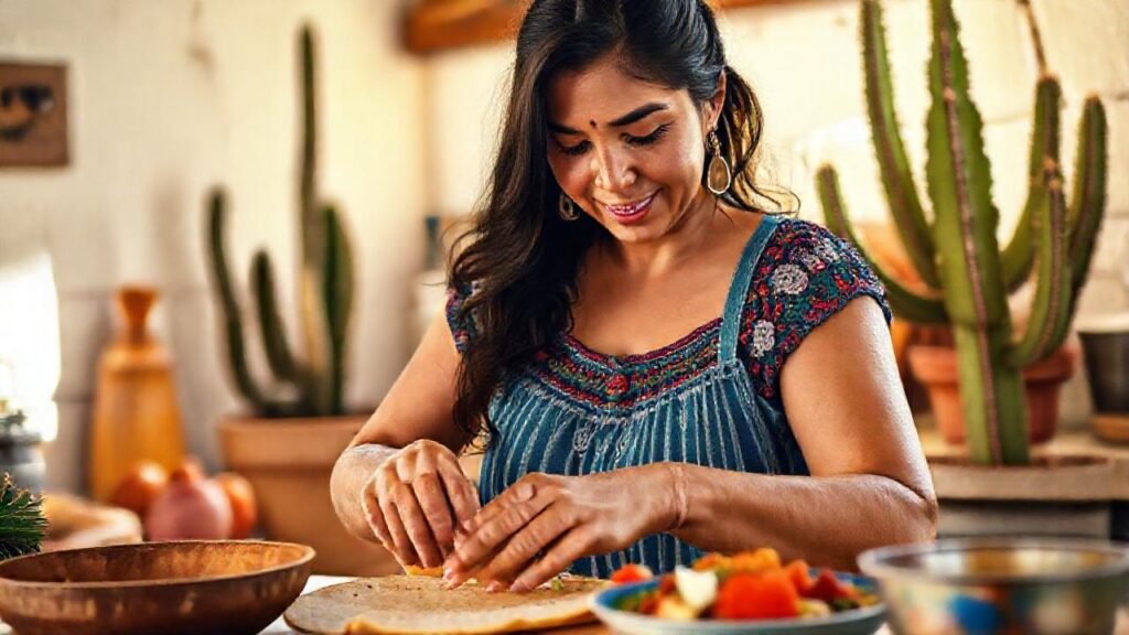 Mujer mexicana prepara tortillas con nopal
