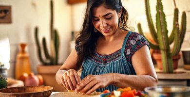 Mujer mexicana prepara tortillas con nopal