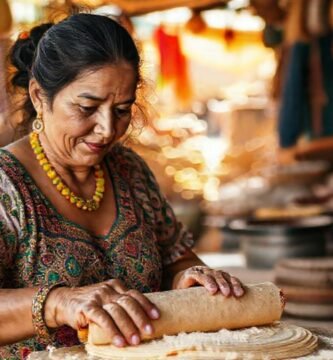 Mujer mexicana elabora tortillas coloridas y tradicionales